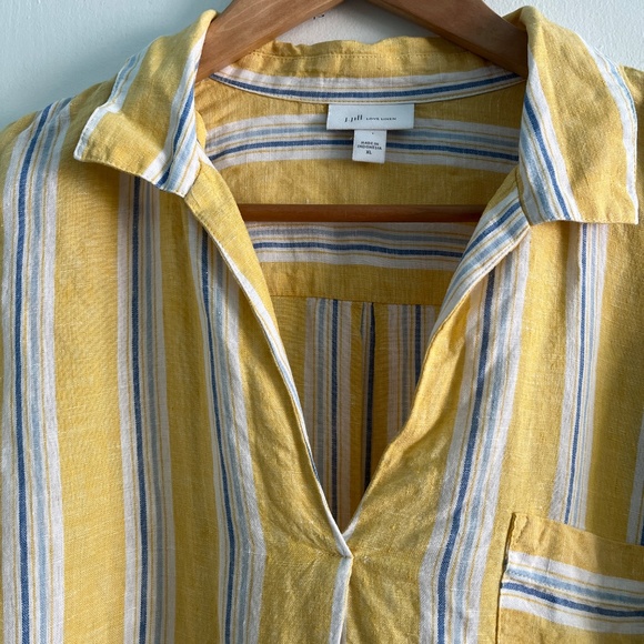 J. Jill Love Linen Striped Linen Popover Shirt., Yellow/Blue/White, XL - Picture 3 of 8